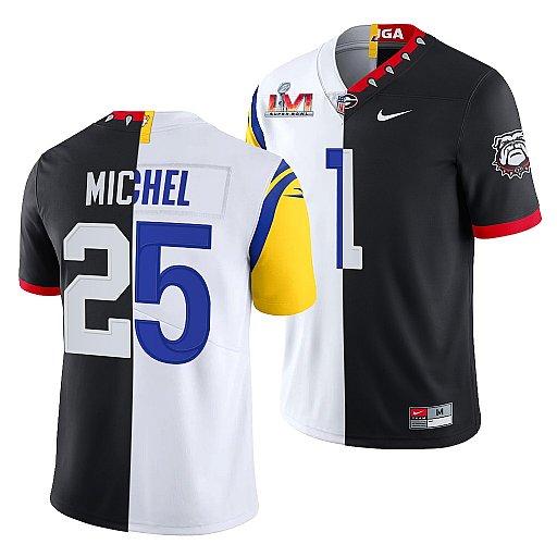 Men's Black/White Los Angeles Rams X Georgia Bulldogs #25 Sony Michel Split Super Bowl LVI Stitched Jersey